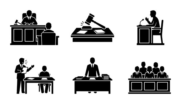 Law Court Icons, Justice Symbols, Legal Process Graphics, Courtroom Scenes, 6 Vector Elements