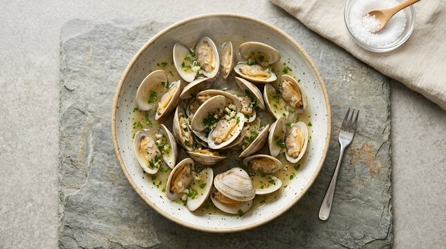 Steamed Clams with Garlic, Parsley and White Wine Sauce in Bowl, Top View