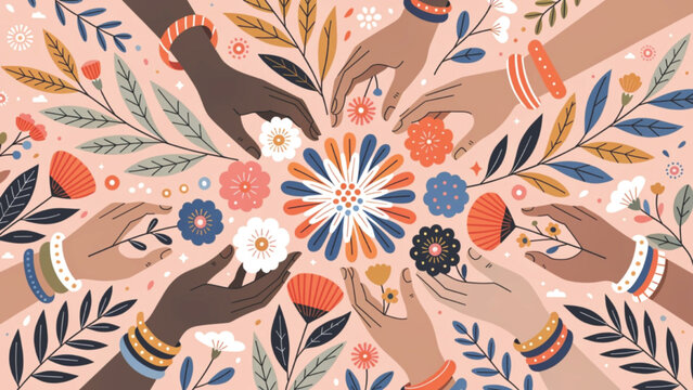 Diverse hands reaching together in harmony surrounded by colorful spring flowers vector background