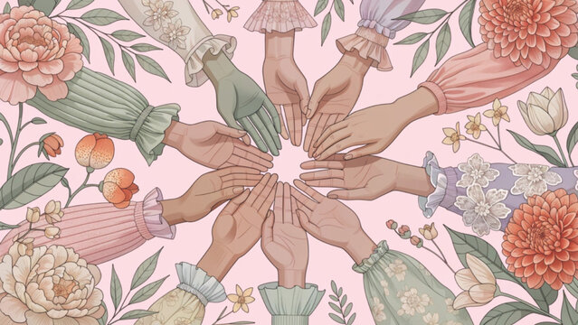 Diverse hands reaching together in harmony surrounded by colorful spring flowers vector background