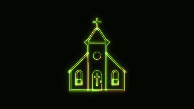 Church Icon Neon Seamless Loop 4K Black Background Animated Promotional Typography for Video Editing