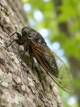 Black Cicada on Tree Trunk Ecology