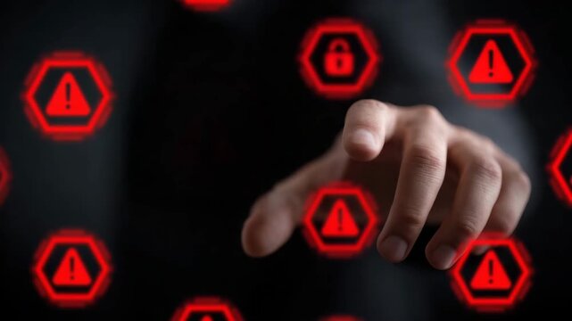 Dark hand warning alert symbol touch security risk cyber attack danger interface red icon black background cybersecurity alert hand point warning icon digital threat data security dark background red