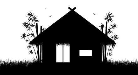 Silhouette of Traditional Tropical Hut with Bamboo Trees and Grass