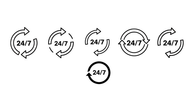 Round the clock service icons indicating continuous twenty four seven availability across platforms.