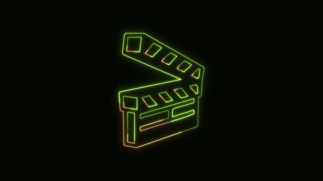 Clapperboard Icon Neon Seamless Loop 4K Black Background Animated Promotional Typography for Video Editing
