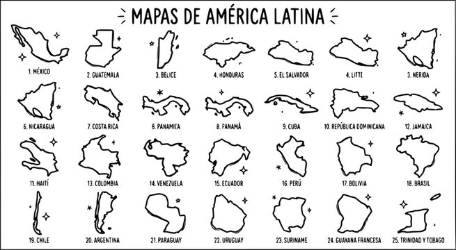 Latin America Map Outlines, Country Shapes, Black and White Line Art, Vector Illustration for Education