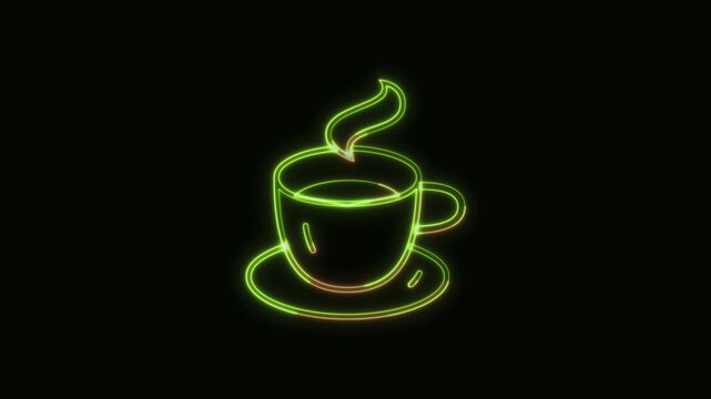 Coffee Icon Neon Seamless Loop 4K Black Background Animated Promotional Typography for Video Editing