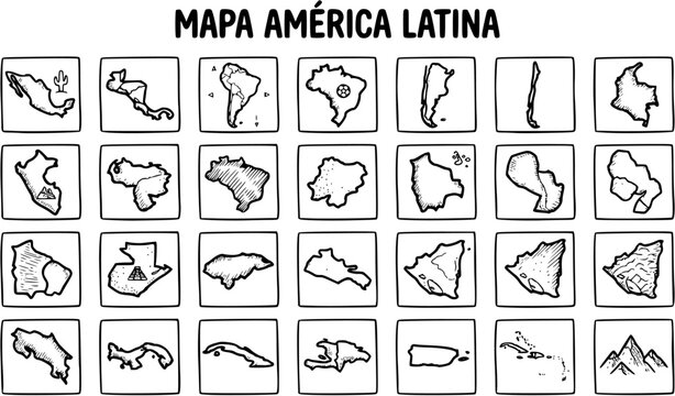 Hand-drawn Black  White Line Art Collection of Latin American Country Maps for Geography Education and Travel