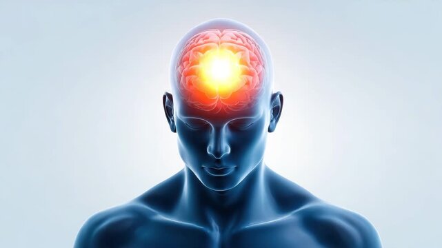 Glowing Brain in Human Head Blue Body Medical Concept Anatomy Illustration Mental Health Neural Activity Illuminated Mind Power Headache Neurological Science