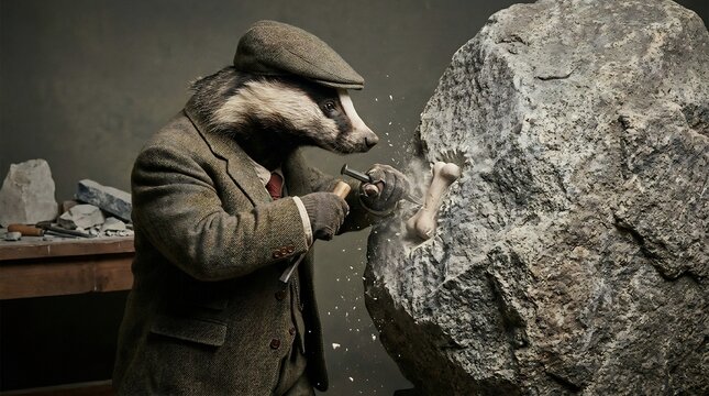 Anthropomorphic Badger Sculptor Carving Large Stone Bust in Dim Workshop