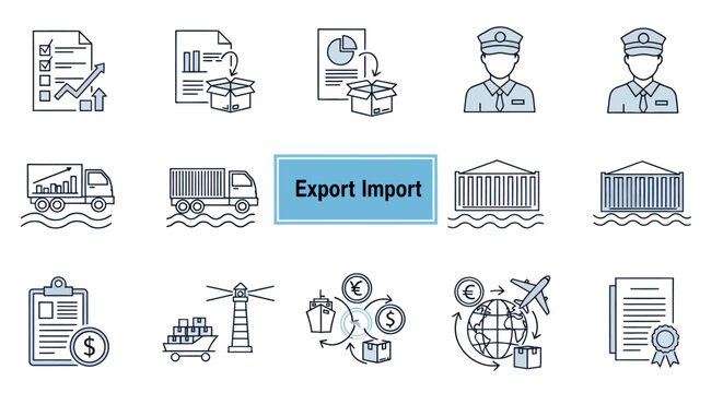 Illustration set showing export and import concepts with global trade and business logistics icons.