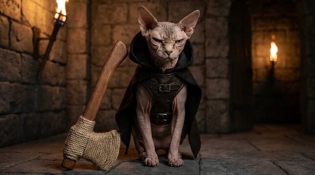 Stern Hairless Cat Wearing Dark Cloak Beside Axe in Stone Dungeon