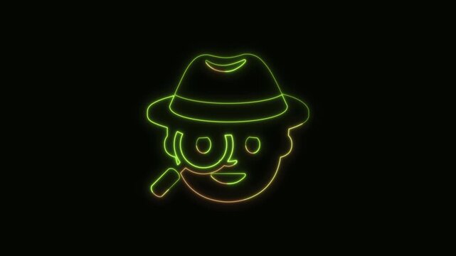 Detective Icon Neon Seamless Loop 4K Black Background Animated Promotional Typography for Video Editing