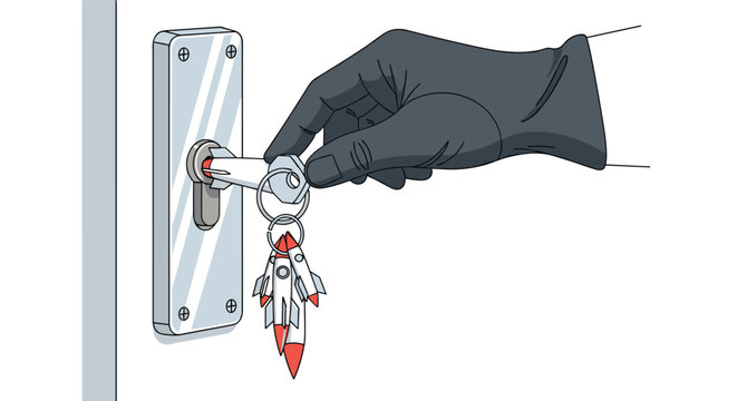 Gloved hand inserting a key with several rocket-shaped keychains into a door lock representing a quick start or high speed access security.