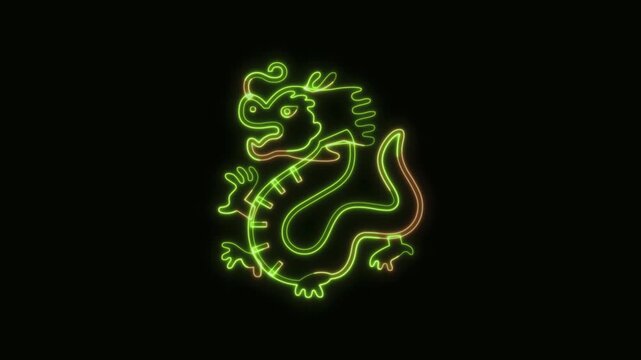 Dragon Icon Neon Seamless Loop 4K Black Background Animated Promotional Typography for Video Editing