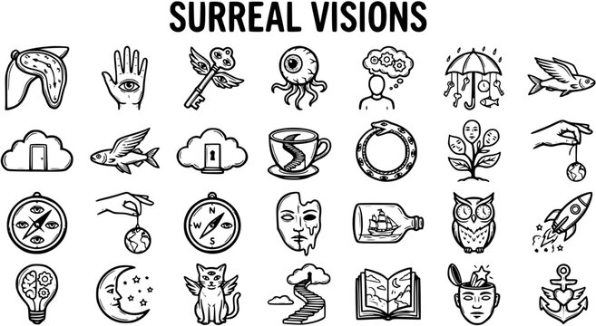 Abstract Surreal Visions Line Art Icons Collection: Dreamlike Symbols, Fantasy Elements, and Mystery Doodles Set