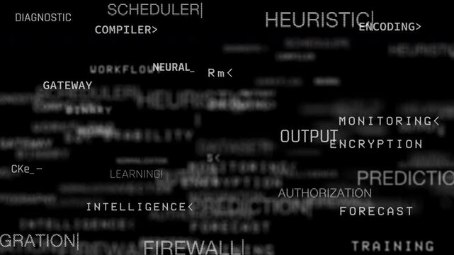 Video overlay template abstract futuristic digital background featuring glowing white artificial intelligence, cloud computing, and cyber security programming keywords