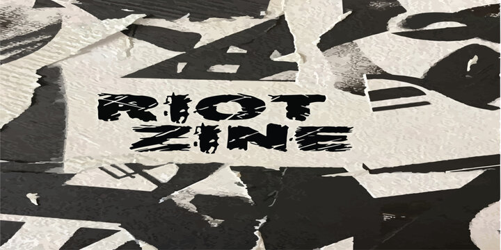 Black and white collage with the words riot zine in distressed text street art graphic design mixed media distressed typography subculture