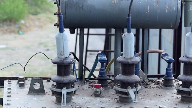 Weathered electric transformer with ceramic insulators and corroded fittings in rural India. Essential broll for power grid failure, energy access, and infrastructure docs.
