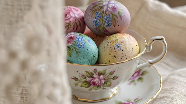 Elegant floral porcelain teacup holding pastel decorated Easter eggs on a delicate saucer