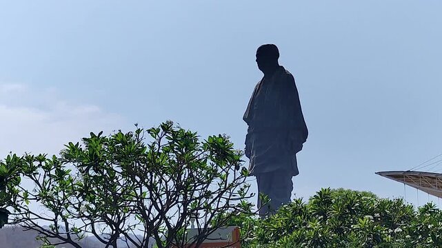 Statue of Unity rises above flowering frangipani tree canopy in natural garden setting, Gujarat. Useful for India heritage, tourism context, and documentary broll sequences.