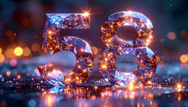 Elegant crystal number 58 with sparkling reflections and magical glowing particles, ultra detailed