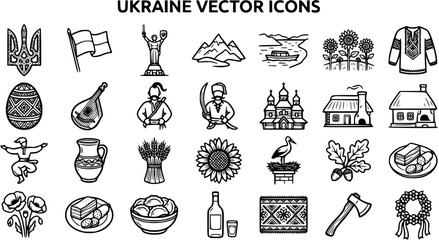 Black and White Line Art Ukrainian Culture Vector Icons Set. Hand-Drawn Outline Symbols, Traditional Objects, and Landmarks of Ukraine © pixsource