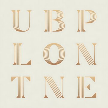 Typography layout featuring the word ubp lon tne in a gold line style on cream base letters alphabet