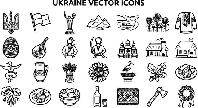 Black and White Line Art Ukrainian Culture Vector Icons Set. Hand-Drawn Outline Symbols, Traditional Objects, and Landmarks of Ukraine