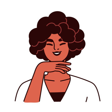 Happy smiling black woman, hand near chin, elegant seductive gesture. African-American girl portrait, avatar, flirting charming face expression. Flat vector illustration isolated on white background