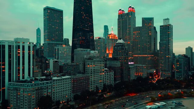 A cinematic aerial view of downtown Chicago at dusk, capturing the city&rsquo;s illuminated skyline, glowing skyscraper windows, and dramatic evening atmosphere. The scene highlights the contrast between th