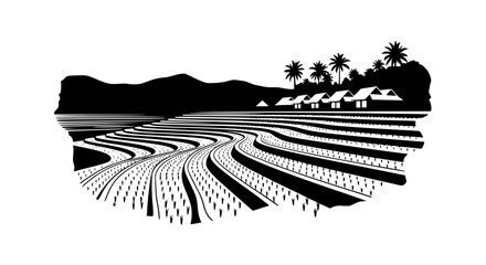 Fototapeta premium Black and White Silhouette of Terraced Rice Fields and Village Landscape