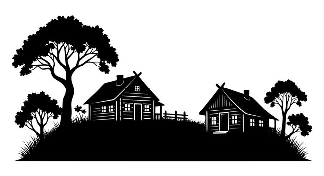 Black silhouette of rustic log cabins on a grassy hill with trees