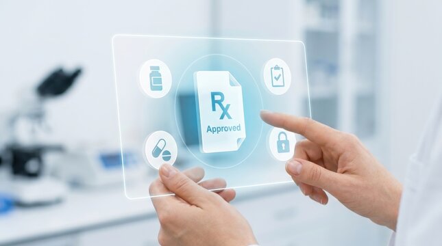Digital Healthcare and Pharmacy Concept: Pharmacist Interacting with Holographic Rx Prescription Pad and Medical Data Interface