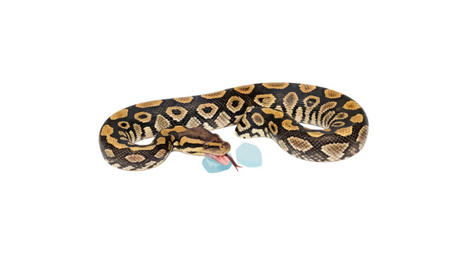 Ball Python Snake Eating Ice Cubes on White Background