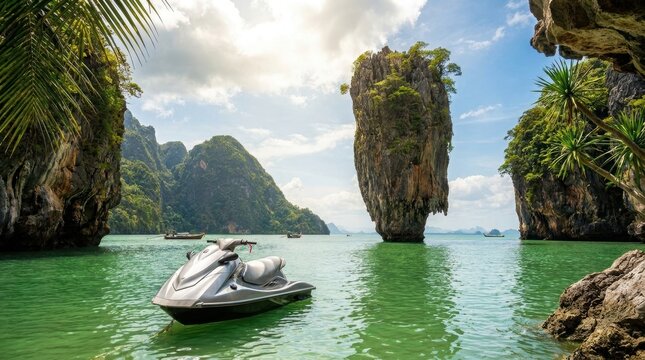 Jetski floating on emerald water near famous limestone karst island at Phang Nga bay. Tropical island scenery with sea vehicle. Active summer vacation and extreme water sport concept.