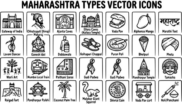 Maharashtra Vector Icons Set: Black  White Line Art Symbols of Indian Culture, Food, Travel, Heritage  Landmarks