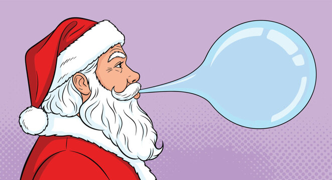Profile view of Santa Claus blowing a giant light blue bubble with gum against a purple halftone dot pattern background for a fun holiday look.