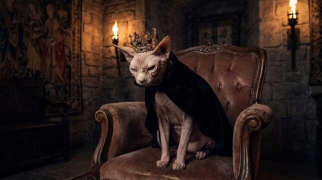 Regal Hairless Cat Wearing Crown and Cape Seated on Vintage Armchair in Medieval Stone Room