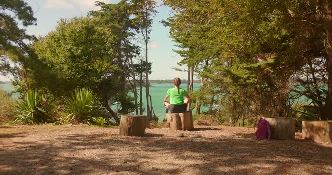 A person in a bright shirt sits on a wooden bench in a forest clearing, gazing at the turquoise sea. Ideal for travel promotions or relaxation-themed content.