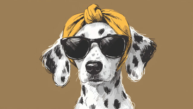Cute stylish dalmatian dog portrait wearing black sunglasses and a yellow patterned headscarf tied under the chin vector background