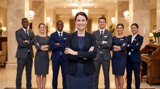 Diverse luxury hotel team standing in elegant hotel lobby with confident female manager in front, receptionists, concierge and guest service staff premium hospitality environment professional portrait