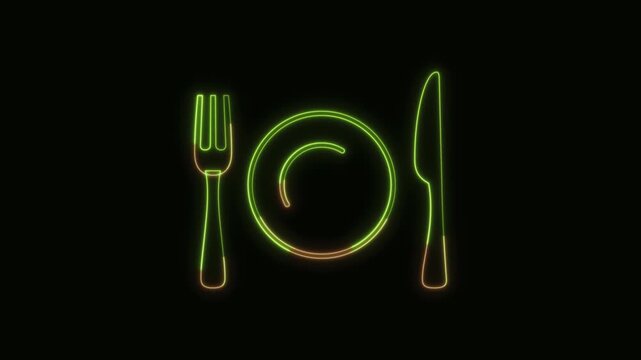 Fork and Knife with Plate Icon Neon Seamless Loop 4K Black Background Animated Promotional Typography for Video Editing