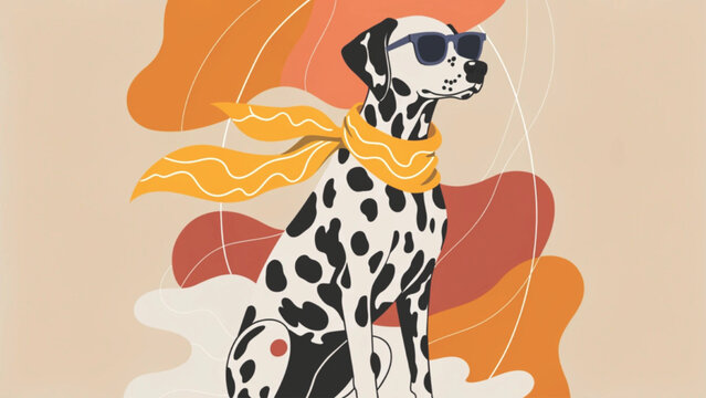 Cute stylish dalmatian dog portrait wearing black sunglasses and a yellow patterned headscarf tied under the chin vector background
