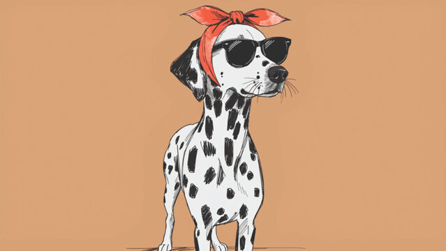 Cute stylish dalmatian dog portrait wearing black sunglasses and a yellow patterned headscarf tied under the chin vector background