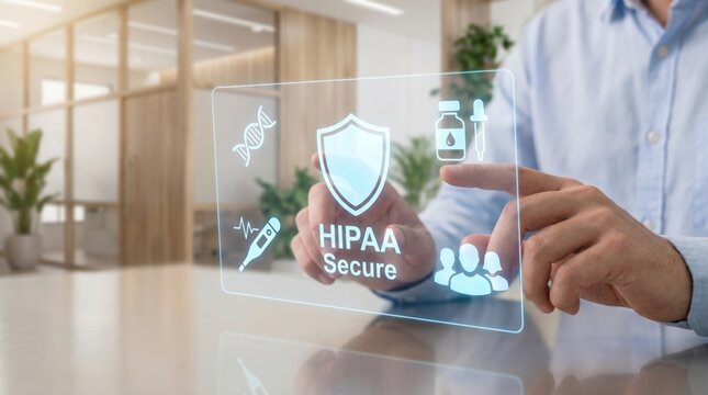 Digital Health and Telemedicine Concept: Professional Hands Interacting with Secure Holographic HIPAA Interface and Medical Icons