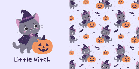 Little Witch Cat Halloween greeting card and seamless pattern with grey cat character wearing purple witch hat and cape holding orange pumpkin lantern on violet background  © Jennie