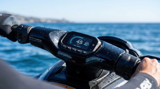 Man riding jet ski on ocean. First person point of view showing handlebars and digital dashboard speed display while driving watercraft. Summer water sport activity and marine travel.
