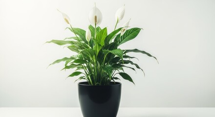 Fototapeta premium A Lush Green Peace Lily Plant in a Black Pot.